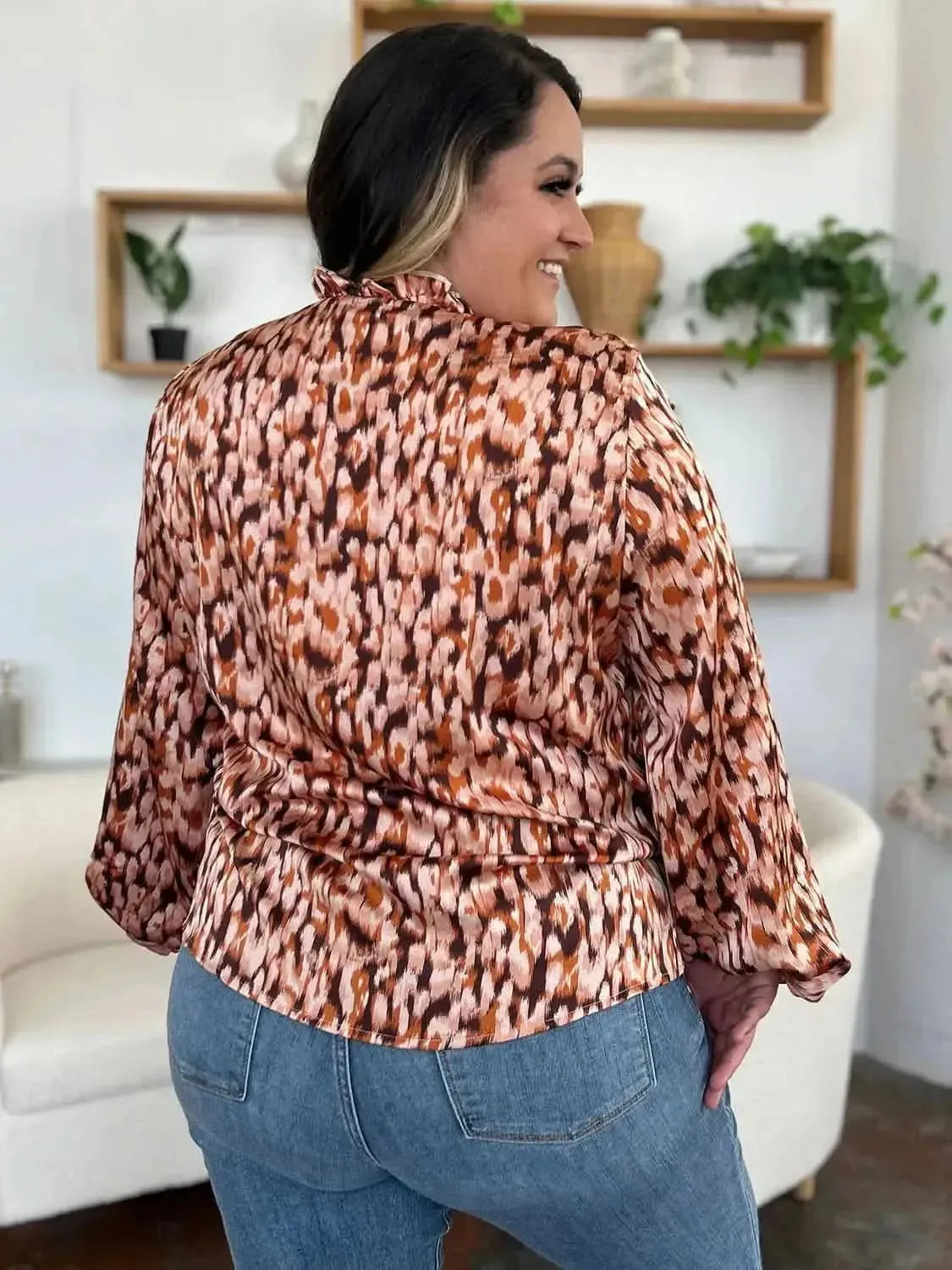 Double Take Full Size Printed Ruffle Trim Balloon Sleeve Shirt - Bad Moms Club