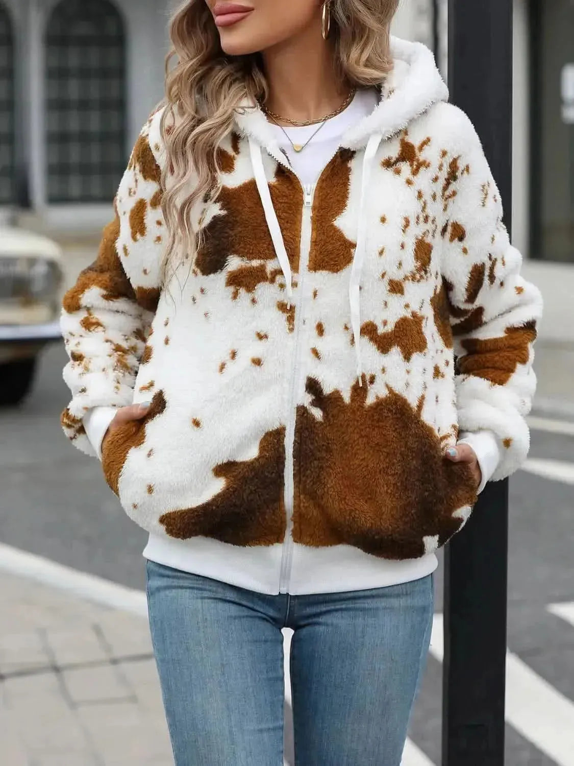 Fuzzy Drawstring Zip Up Hooded Jacket - Bad Moms Club