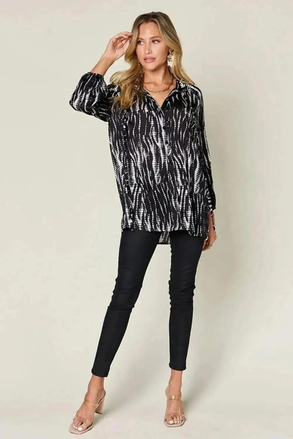 Double Take Full Size Printed Button Up Long Sleeve Shirt - Bad Moms Club