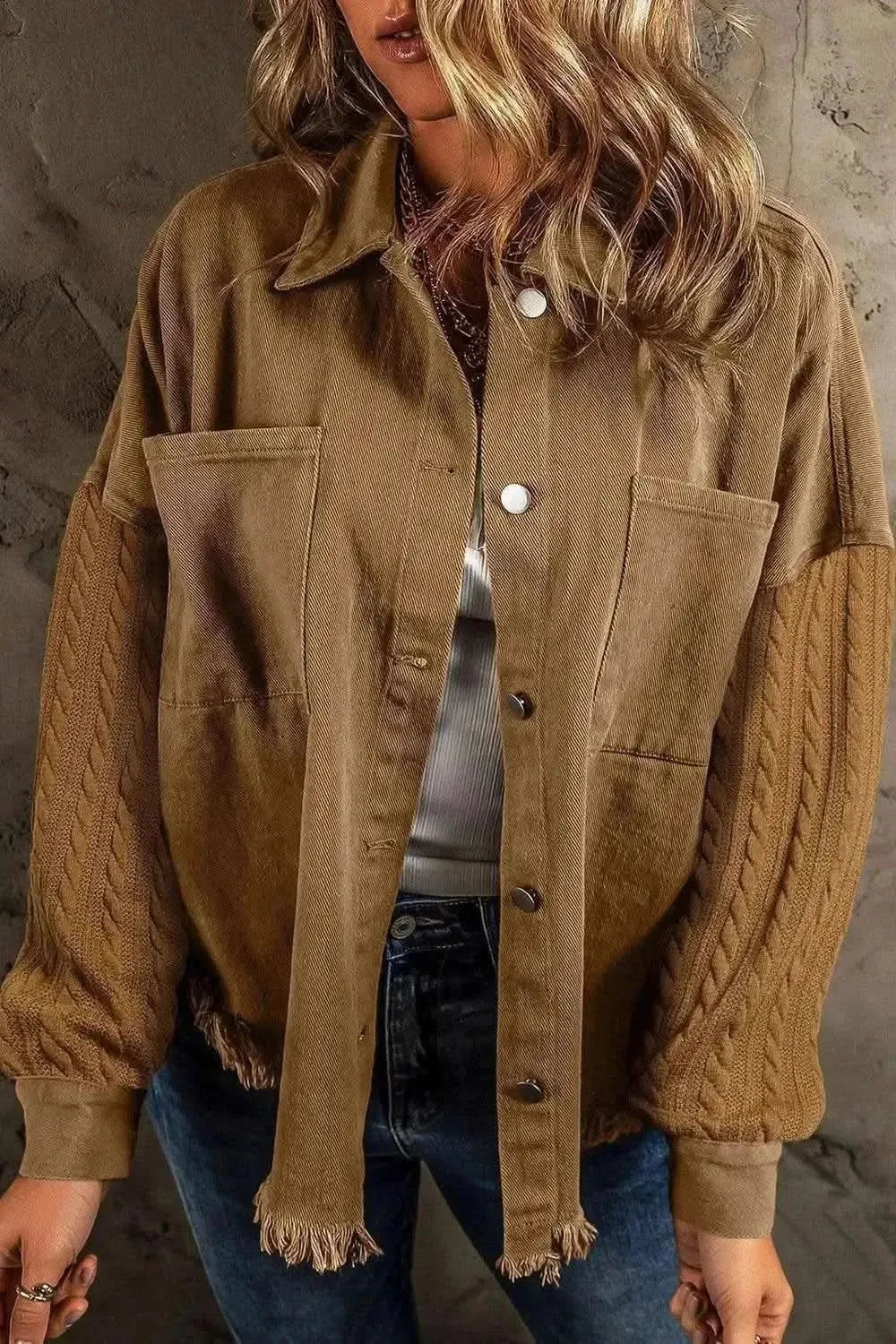 Pocketed Button Up Raw Hem Denim Jacket - Bad Moms Club