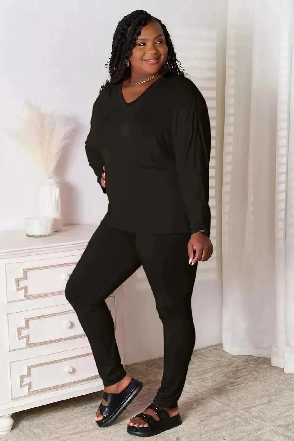 Basic Bae Full Size V-Neck Soft Rayon Long Sleeve Top and Pants Lounge Set - Bad Moms Club