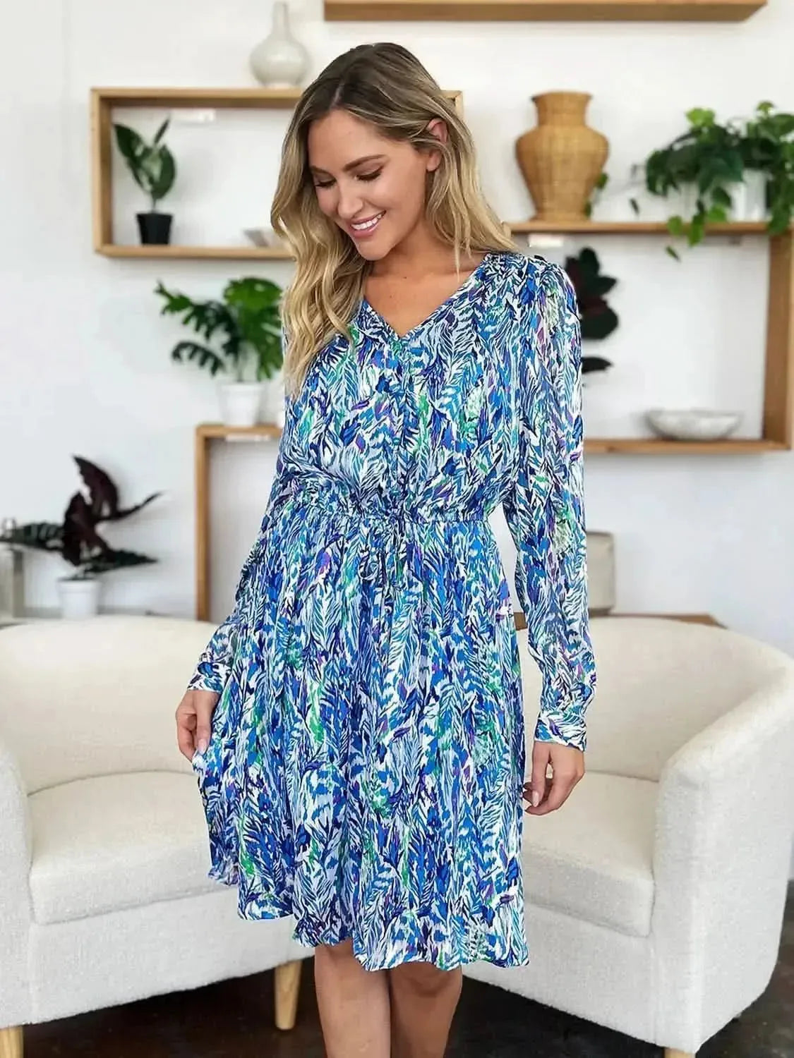 Double Take Full Size Printed Drawstring Waist Long Sleeve Dress - Bad Moms Club