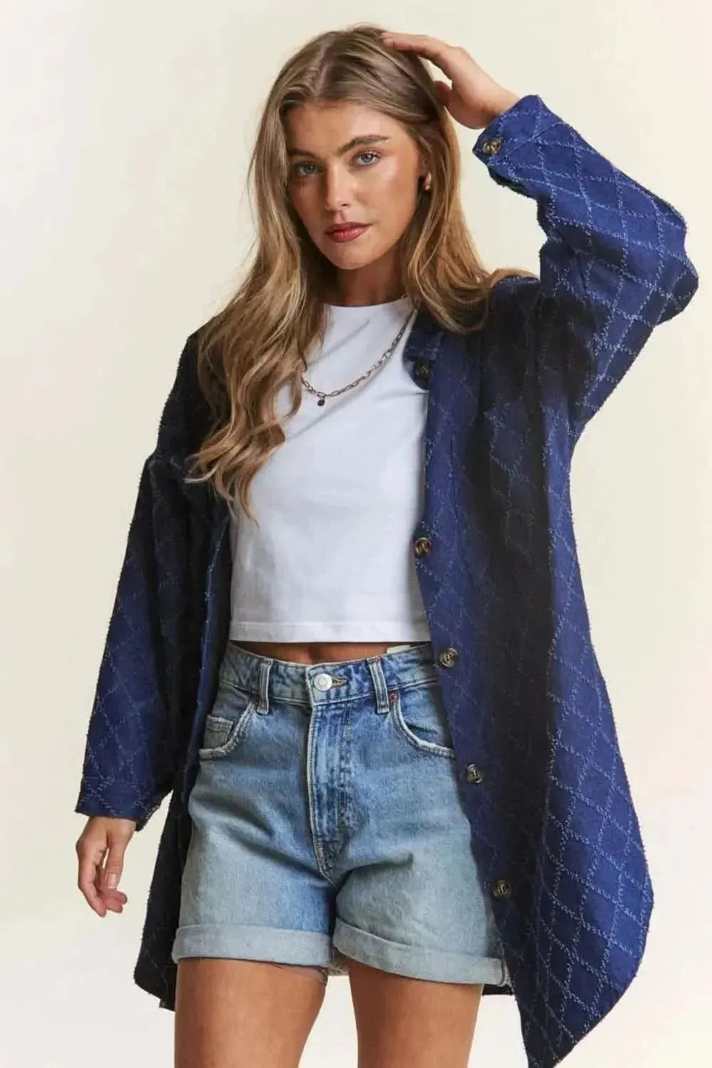 J.NNA Rhombus Stitched Button Up Denim Shacket - Bad Moms Club
