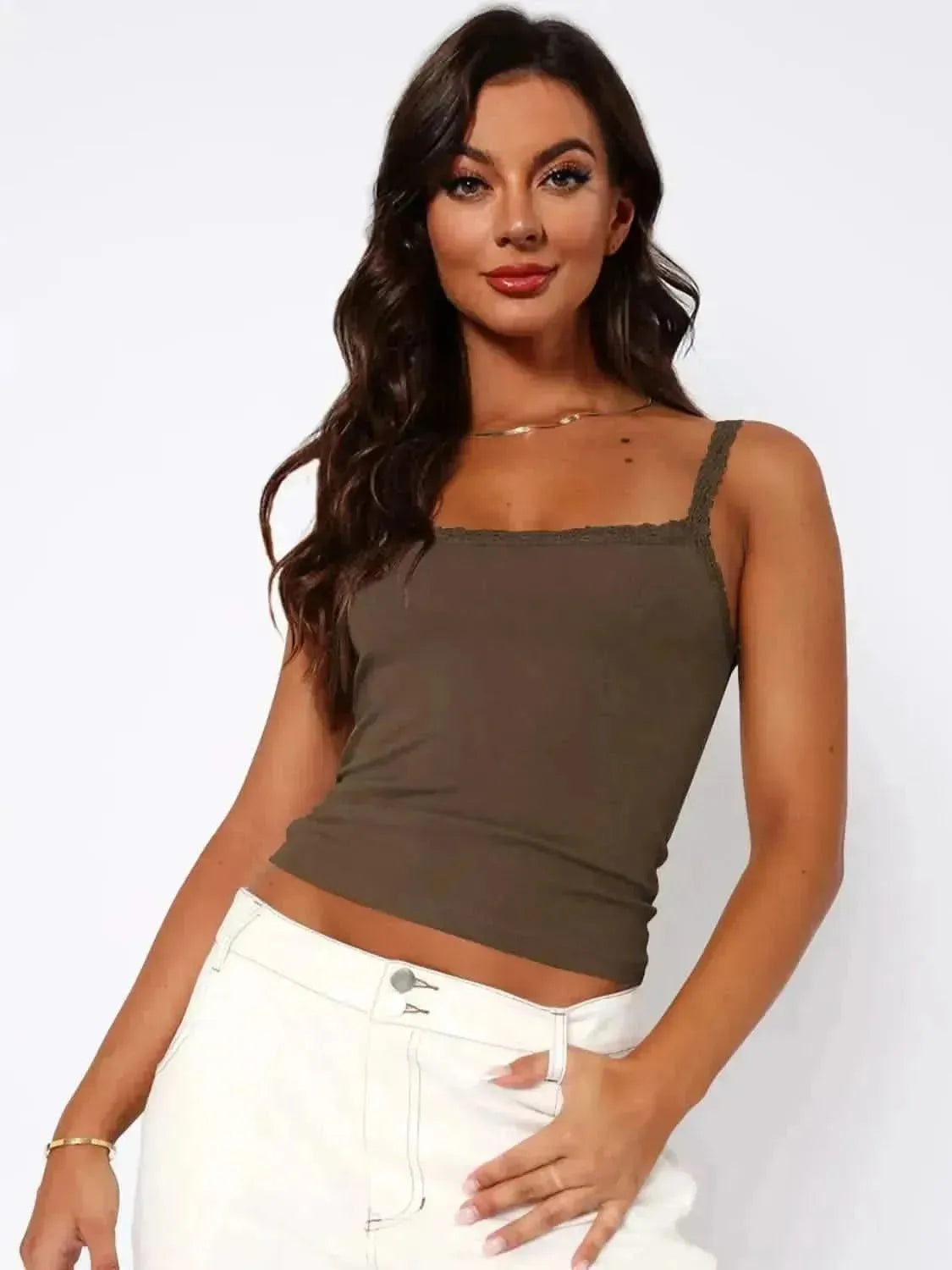 Lace Trim Straight Neck Cami - Bad Moms Club