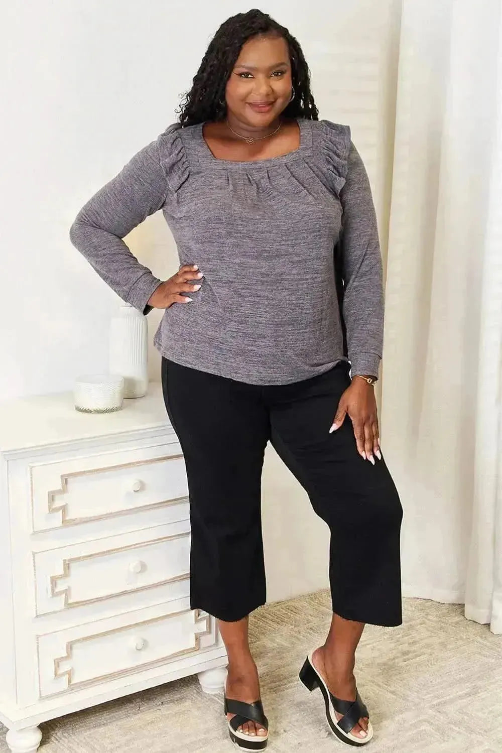 Double Take Square Neck Ruffle Shoulder Long Sleeve T-Shirt - Bad Moms Club