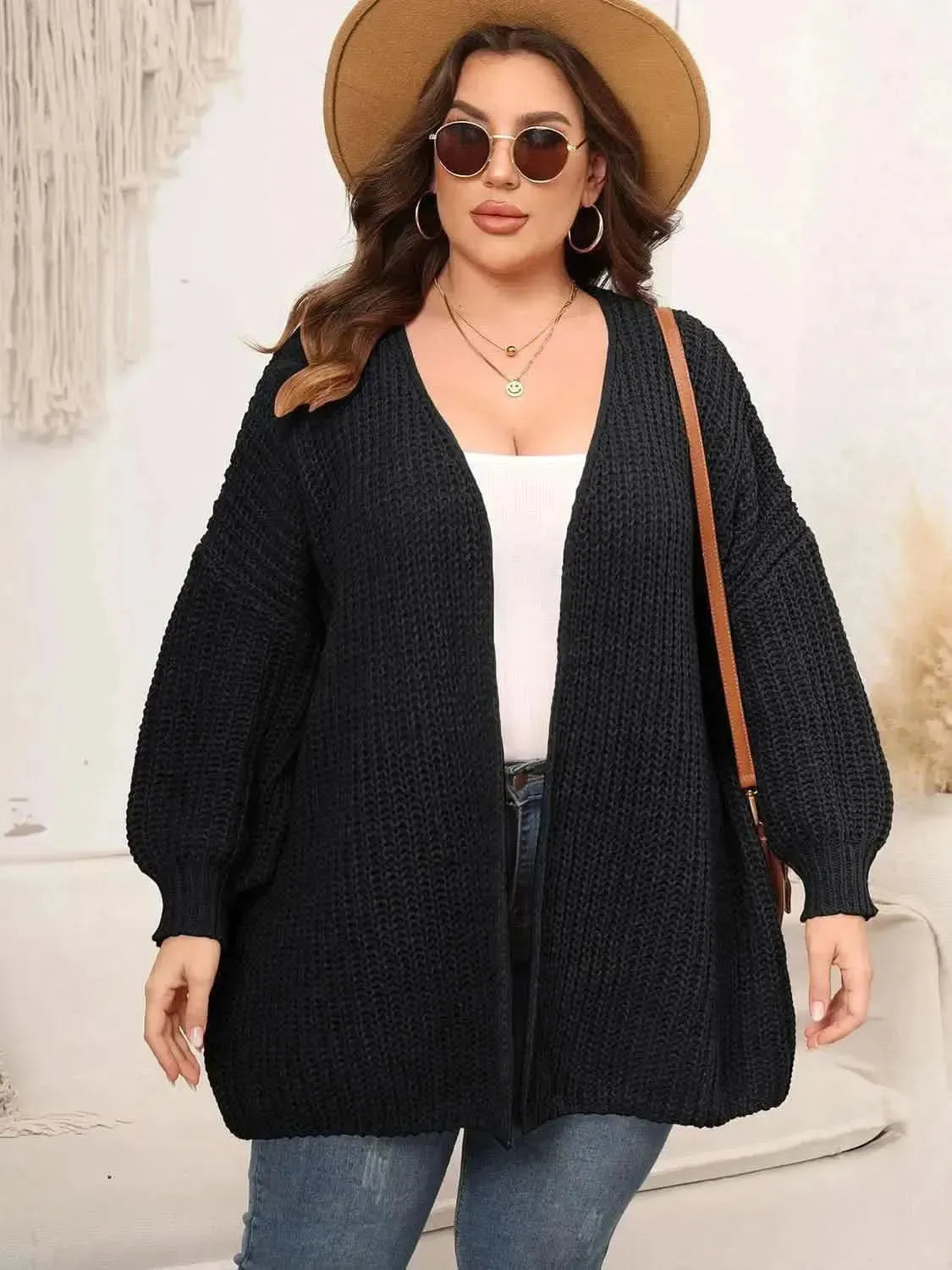 Plus Size Open Front Dropped Shoulder Knit Cardigan - Bad Moms Club