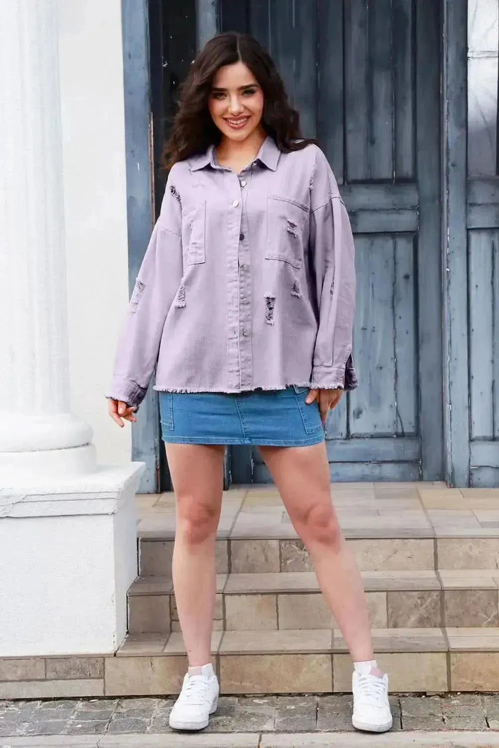 Distressed Button Up Raw Hem Denim Jacket - Bad Moms Club
