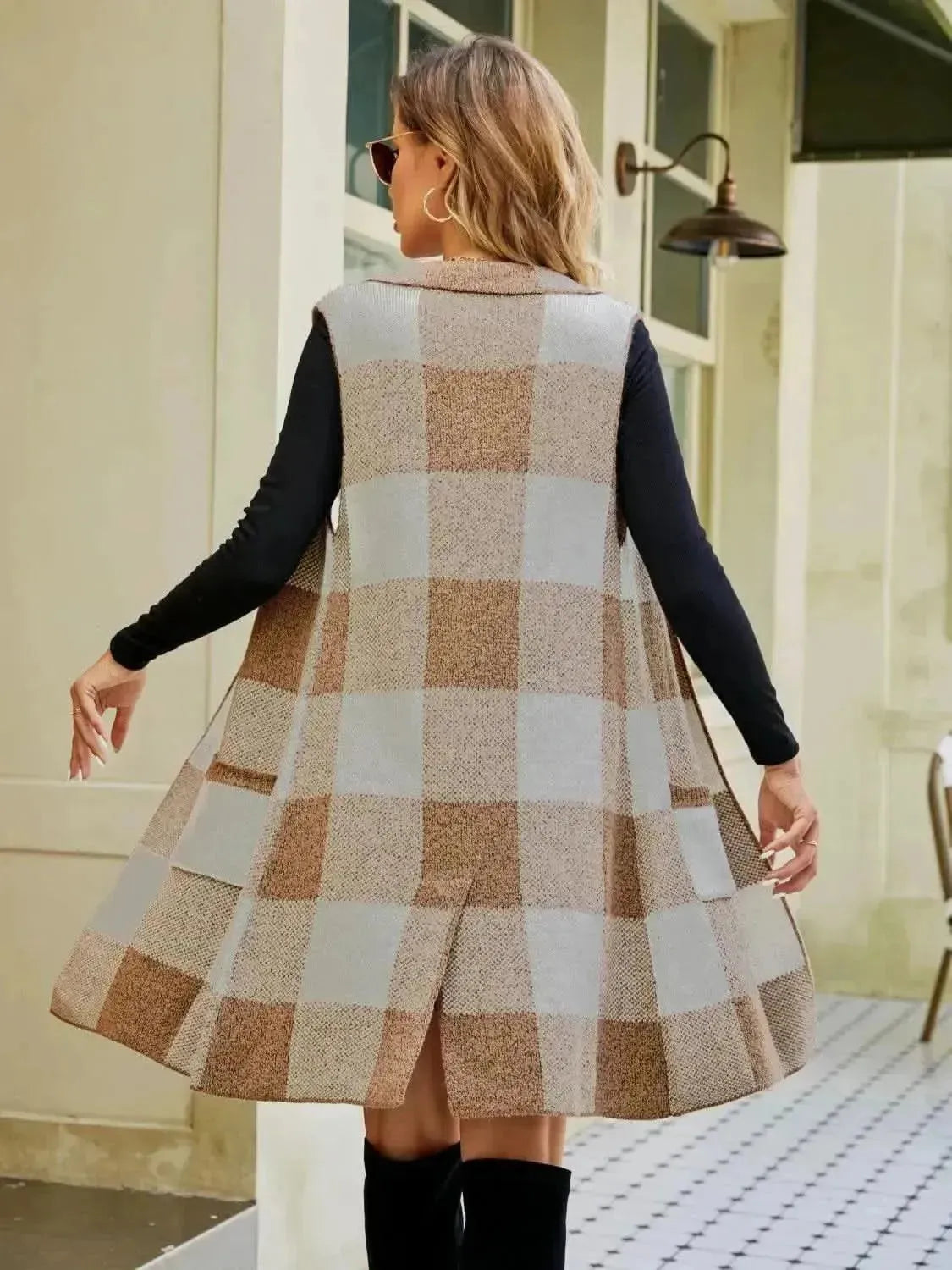 Plaid Lapel Collar Sleeveless Cardigan - Bad Moms Club