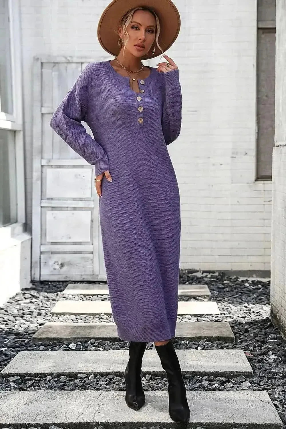 Decorative Button Notched Dropped Shoulder Sweater Dress - Bad Moms Club