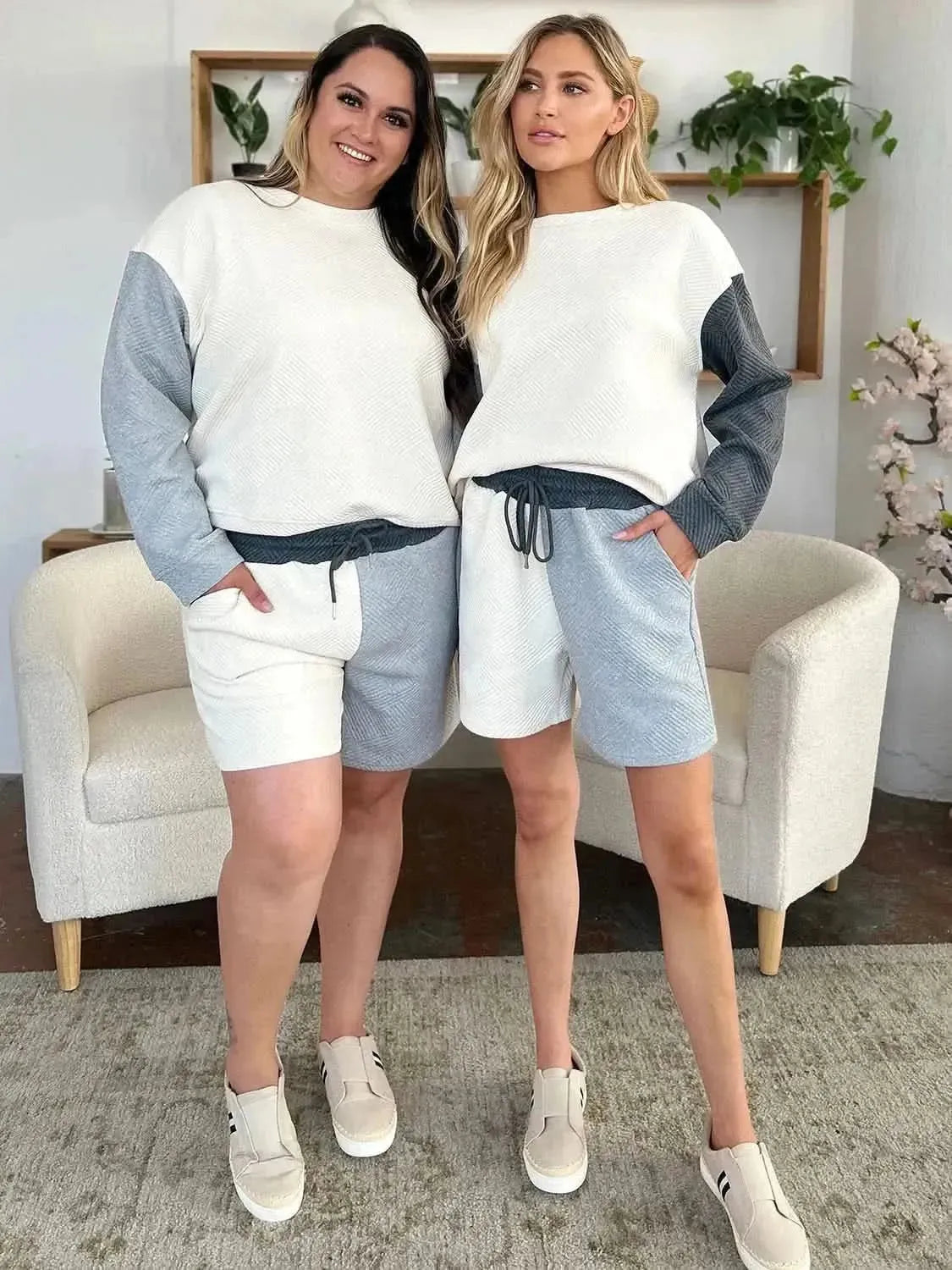 Double Take Full Size Contrast Drop Shoulder Top and Shorts Set - Bad Moms Club