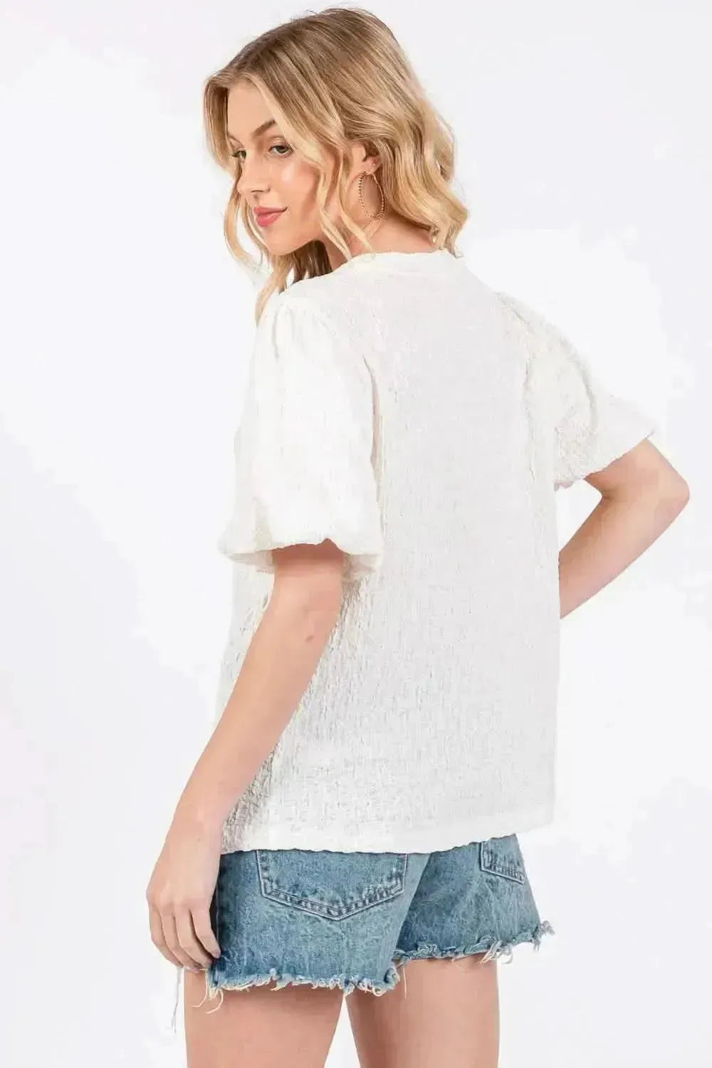 Ces Femme Textured Puff Sleeve Top - Bad Moms Club
