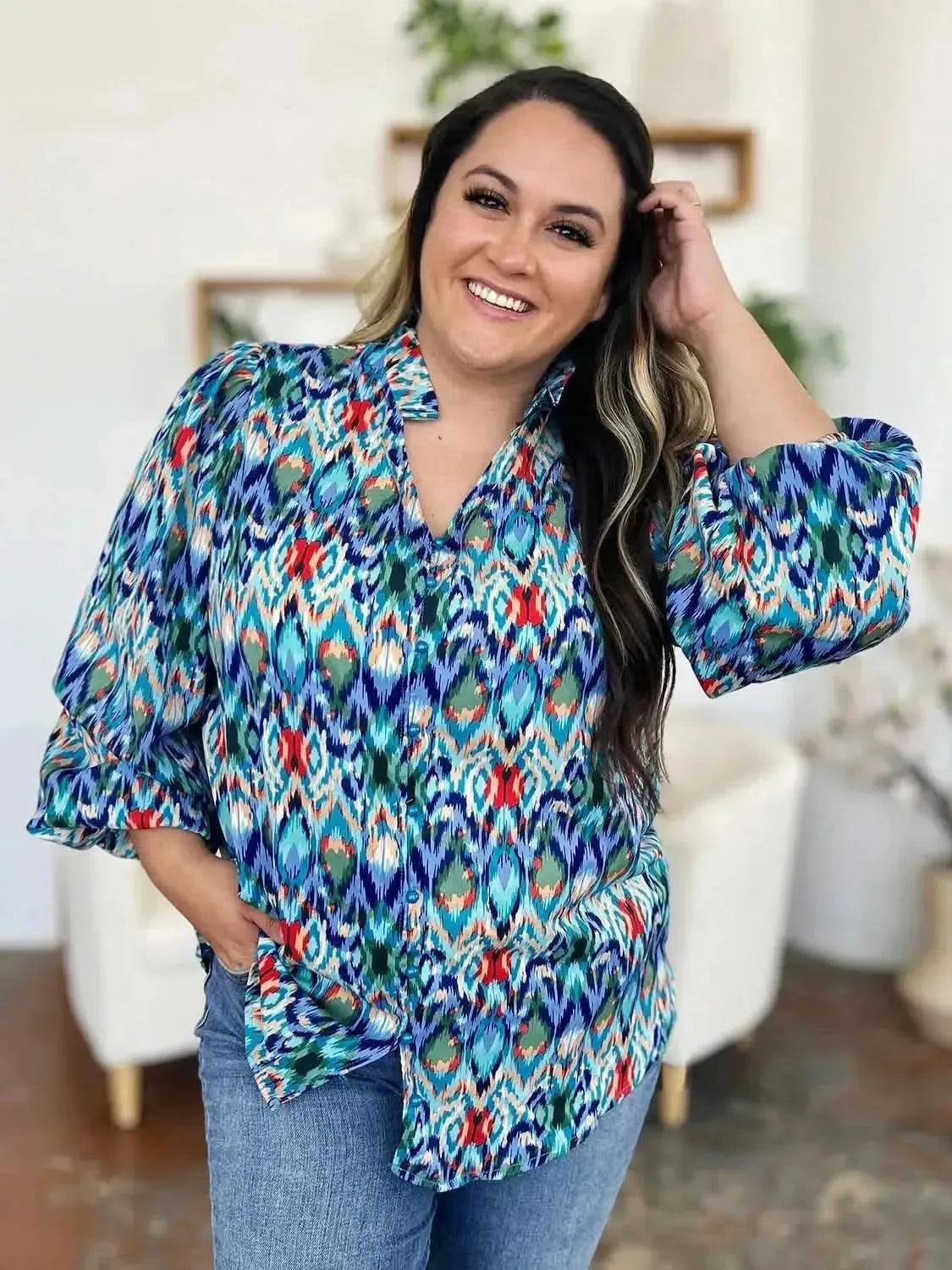 Double Take Full Size Printed Balloon Sleeve Blouse - Bad Moms Club