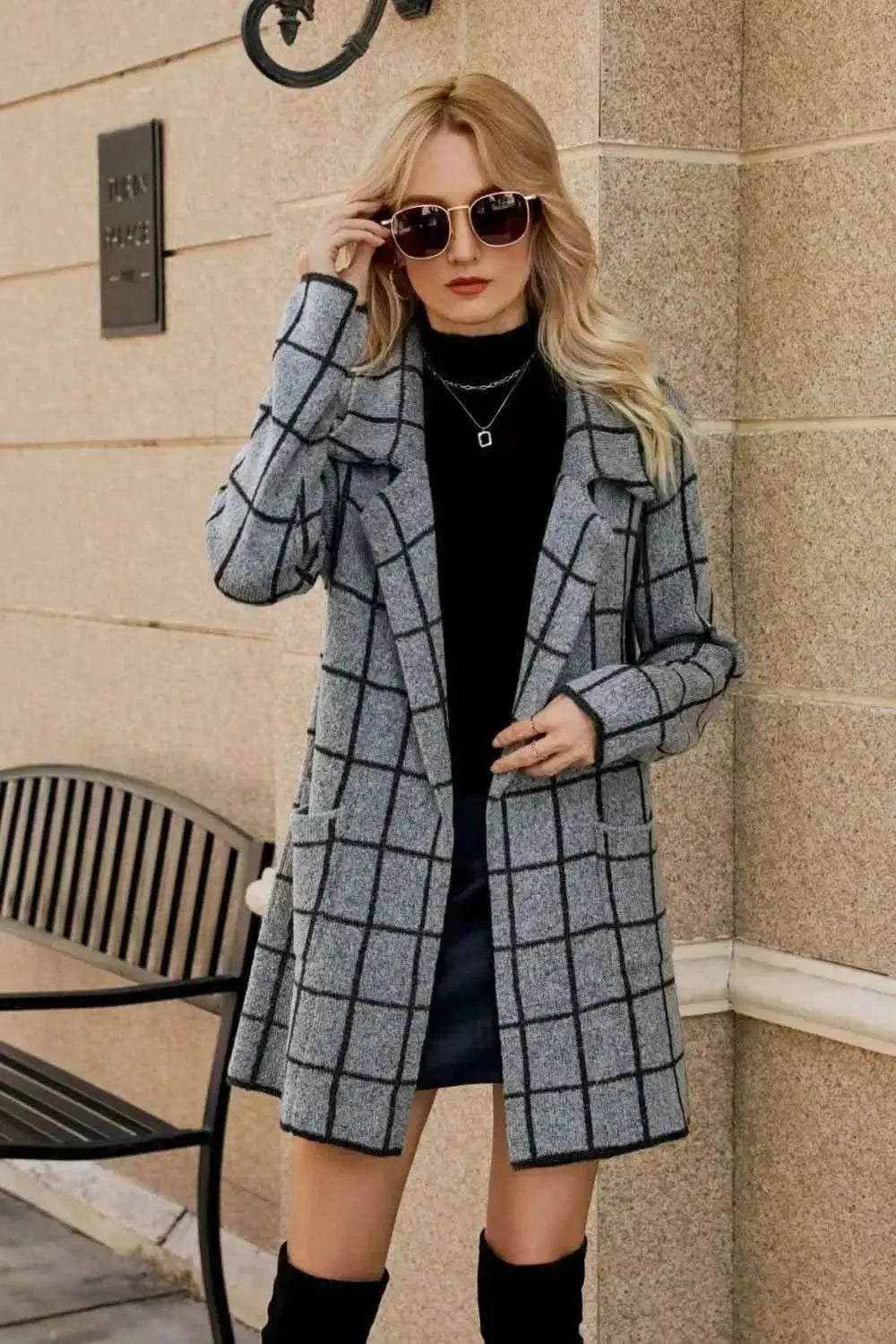 Printed Open Front Lapel Collar Cardigan with Pockets - Bad Moms Club
