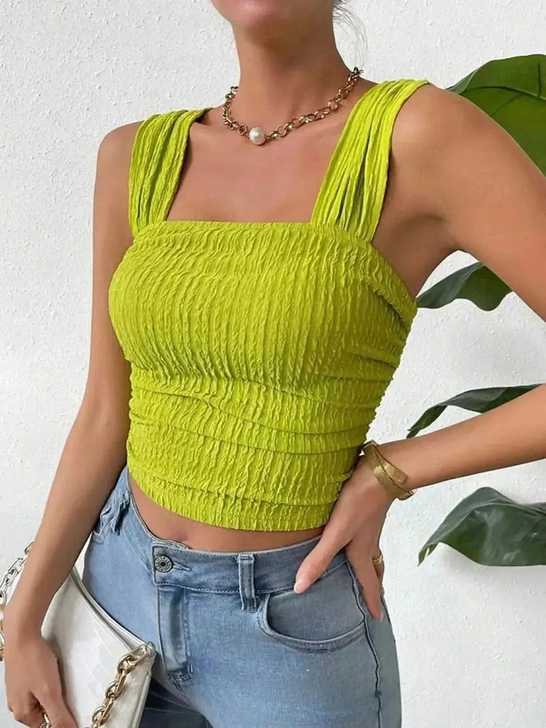 Textured Square Neck Wide Strap Tank - Bad Moms Club