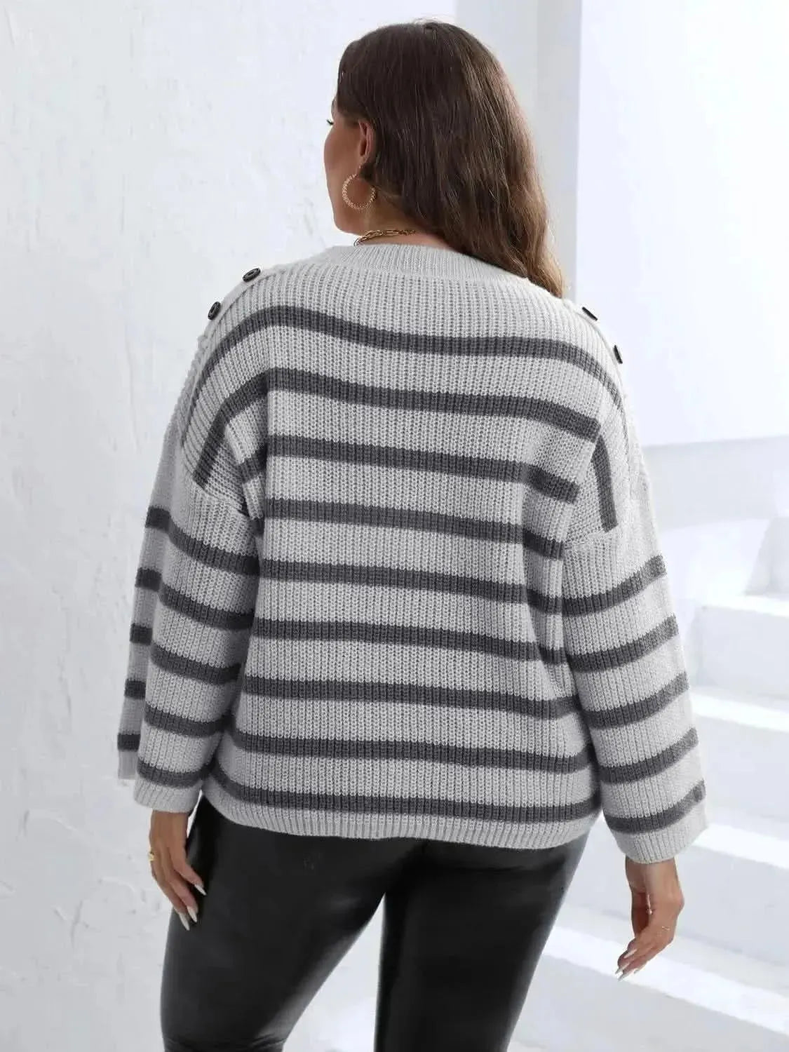 Plus Size Striped Dropped Shoulder Sweater - Bad Moms Club