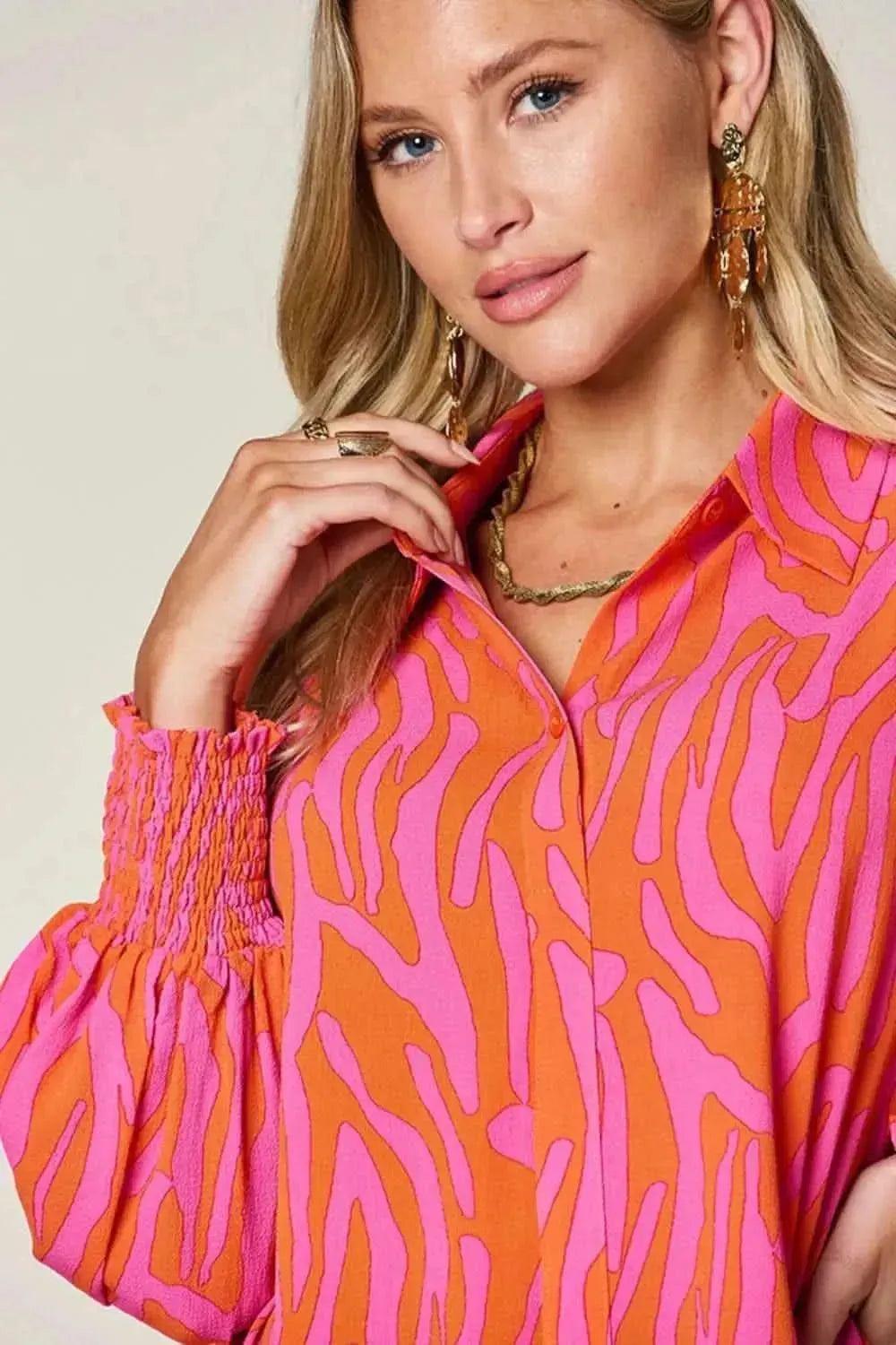 Double Take Full Size Printed Smocked Long Sleeve Blouse - Bad Moms Club