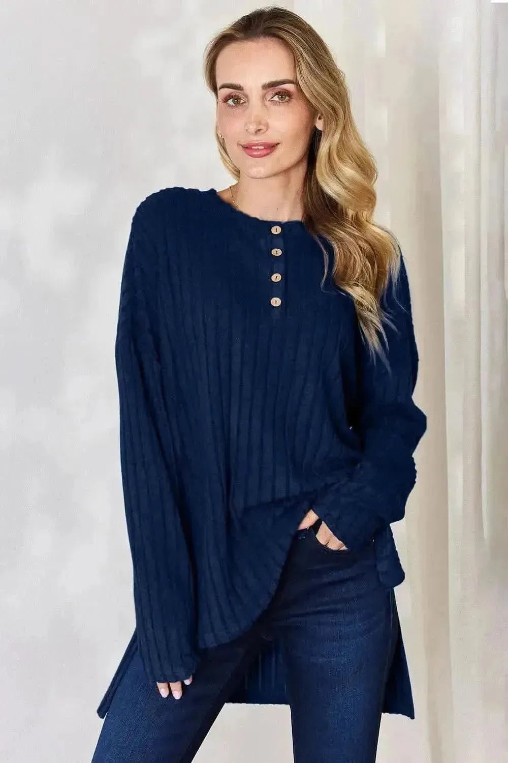 Basic Bae Full Size Ribbed Half Button Long Sleeve High-Low T-Shirt - Bad Moms Club
