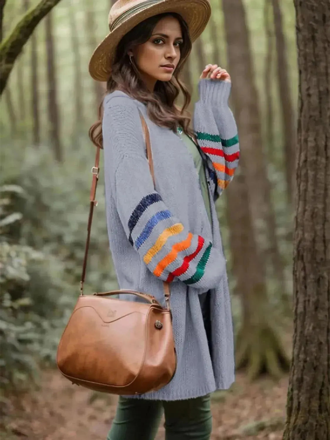 Striped Open Front Long Sleeve Cardigan - Bad Moms Club