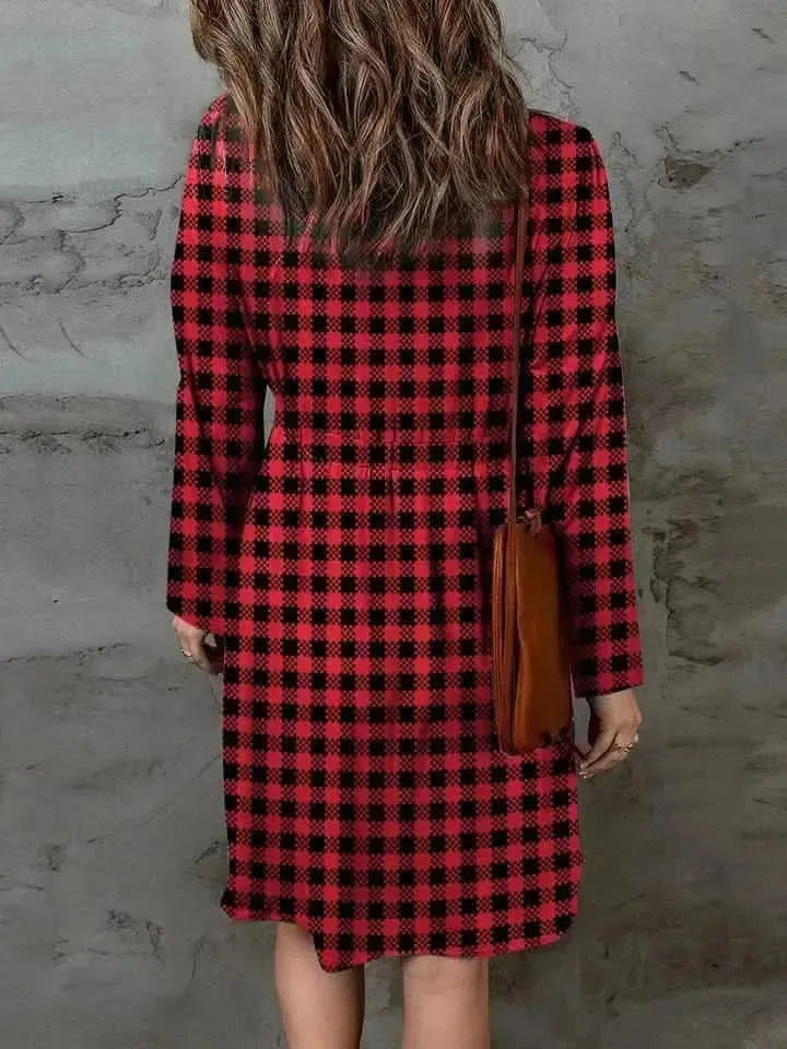 Double Take Full Size Plaid Round Neck Long Sleeve Magic Dress - Bad Moms Club