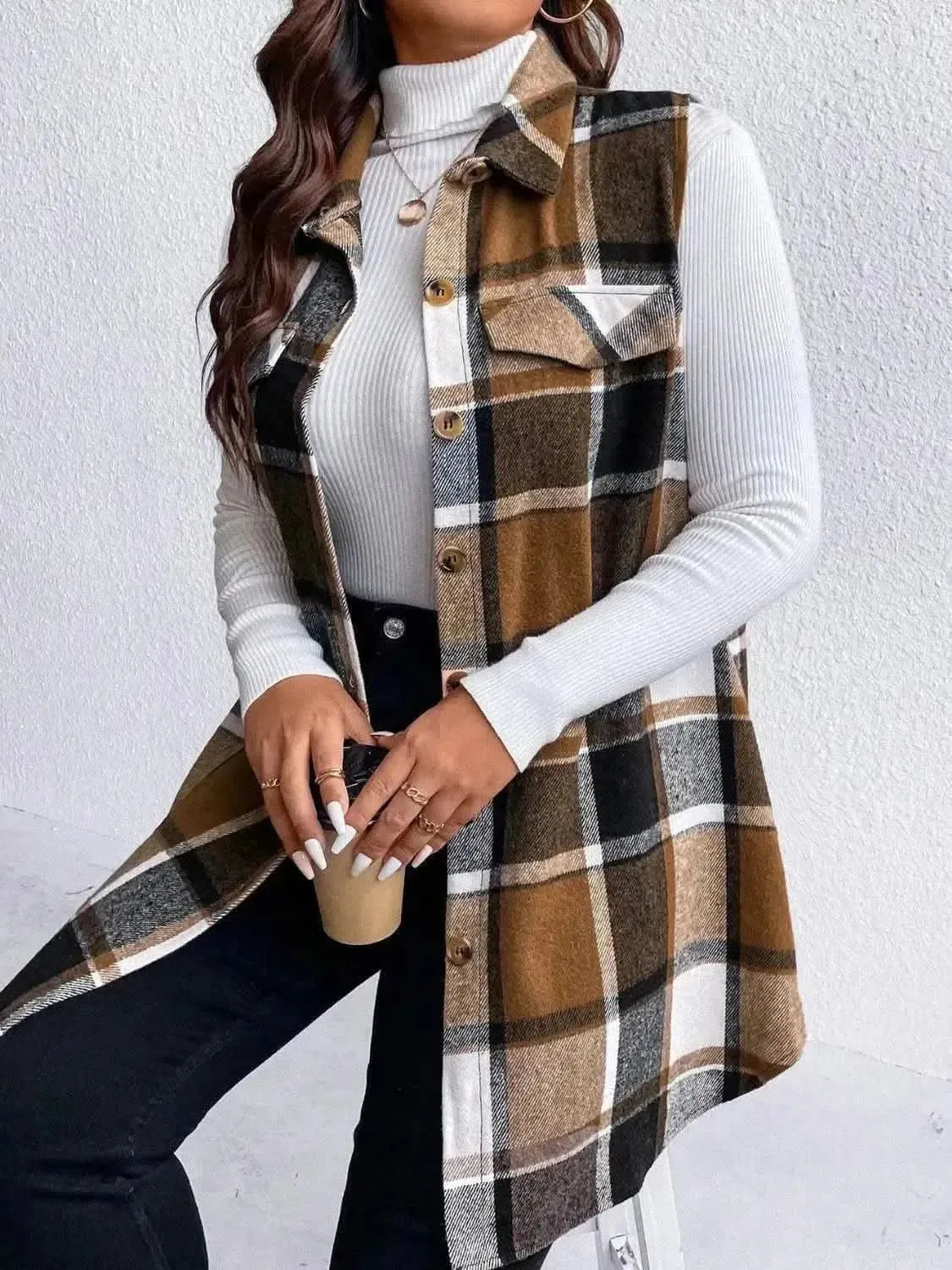 Honey Plus Size Pocketed Plaid Button Up Vest Coat - Bad Moms Club