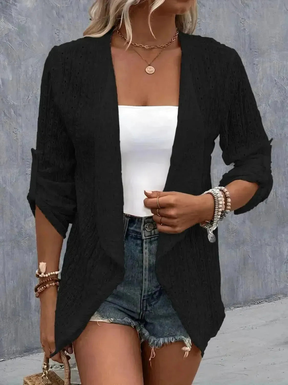 Eyelet Roll-Tab Sleeve Cardigan - Bad Moms Club