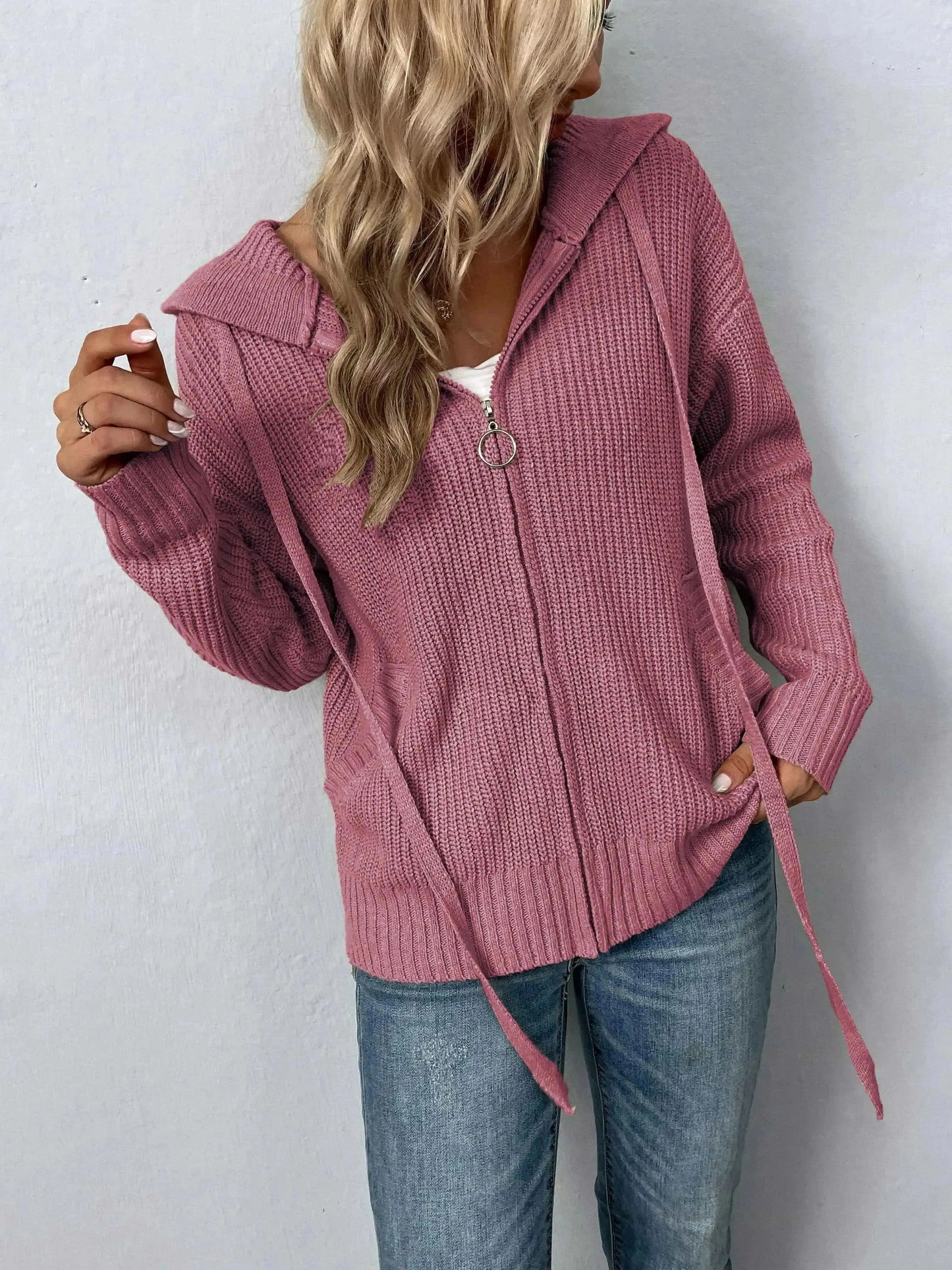 Zip-Up Drawstring Detail Hooded Cardigan - Bad Moms Club