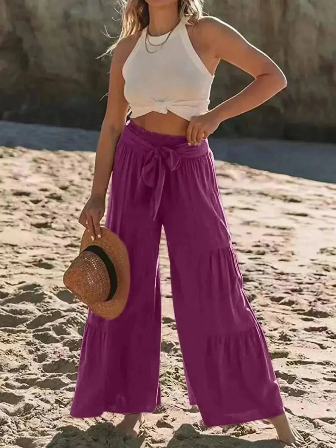 Tied Ruched Wide Leg Pants - Bad Moms Club
