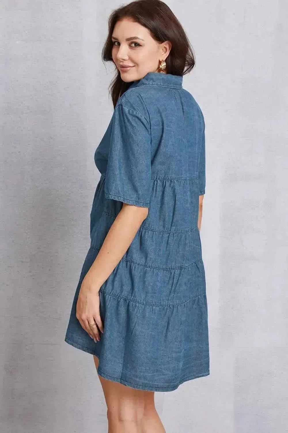 Button Up Collared Neck Tiered Denim Dress - Bad Moms Club