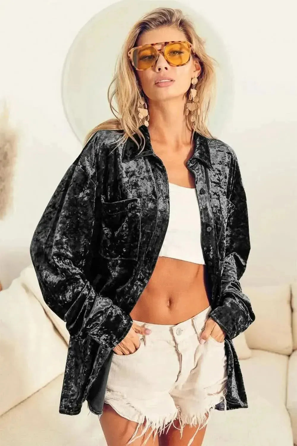 BiBi Button Up Long Sleeve Velvet Shirt - Bad Moms Club