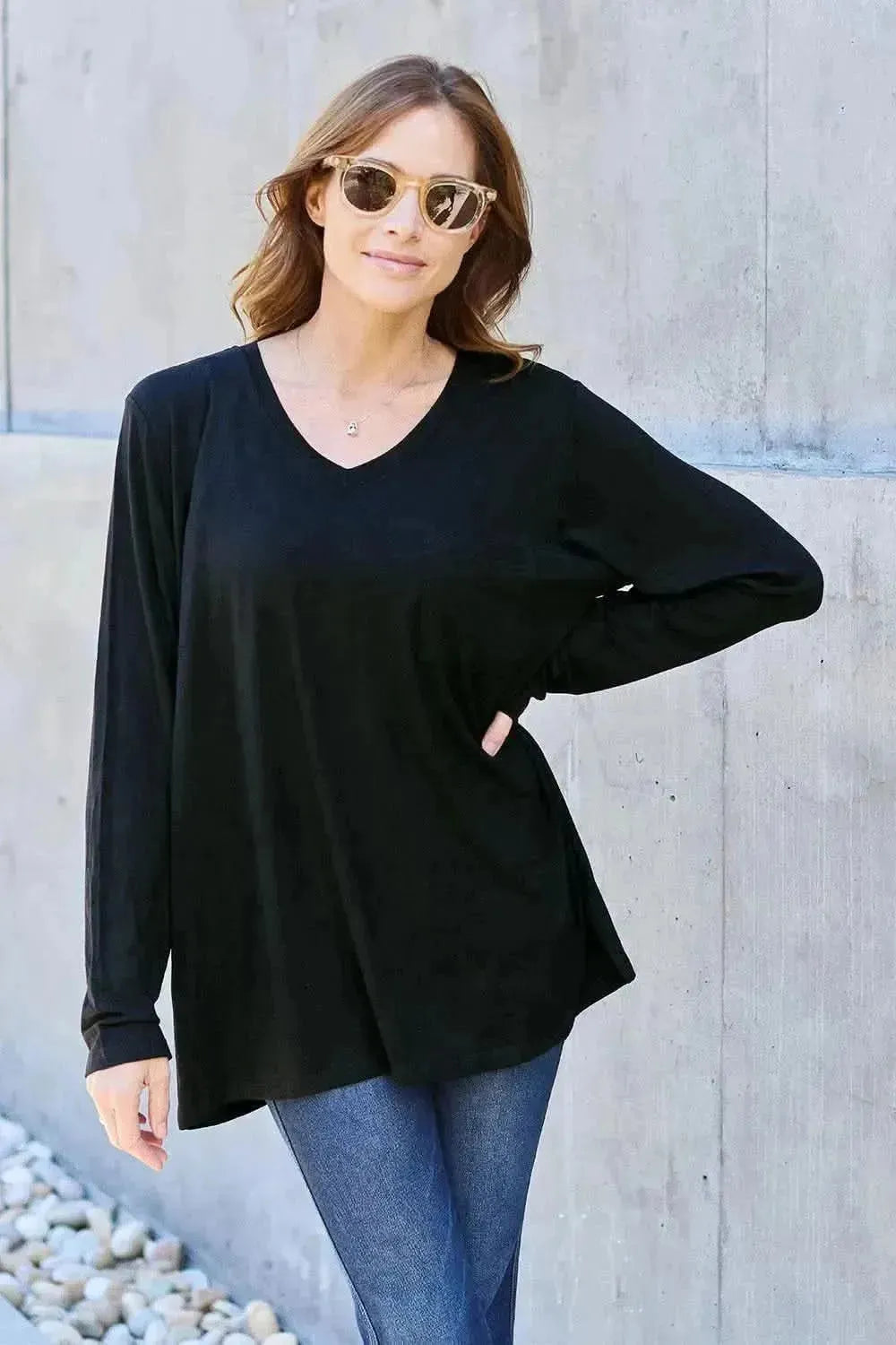 Basic Bae Full Size V-Neck Long Sleeve Top - Bad Moms Club