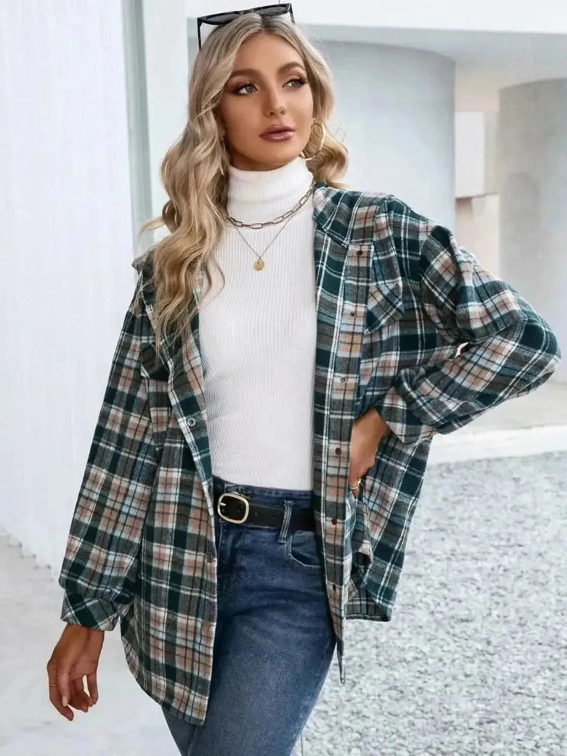 Plaid Snap Down Hooded Jacket - Bad Moms Club