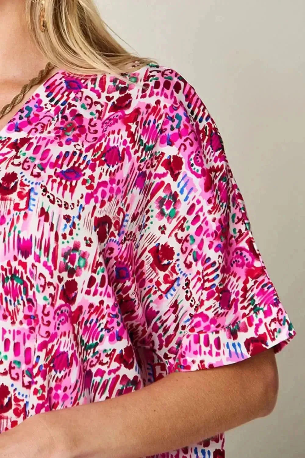 Double Take Full Size Printed V-Neck Short Sleeve Blouse - Bad Moms Club
