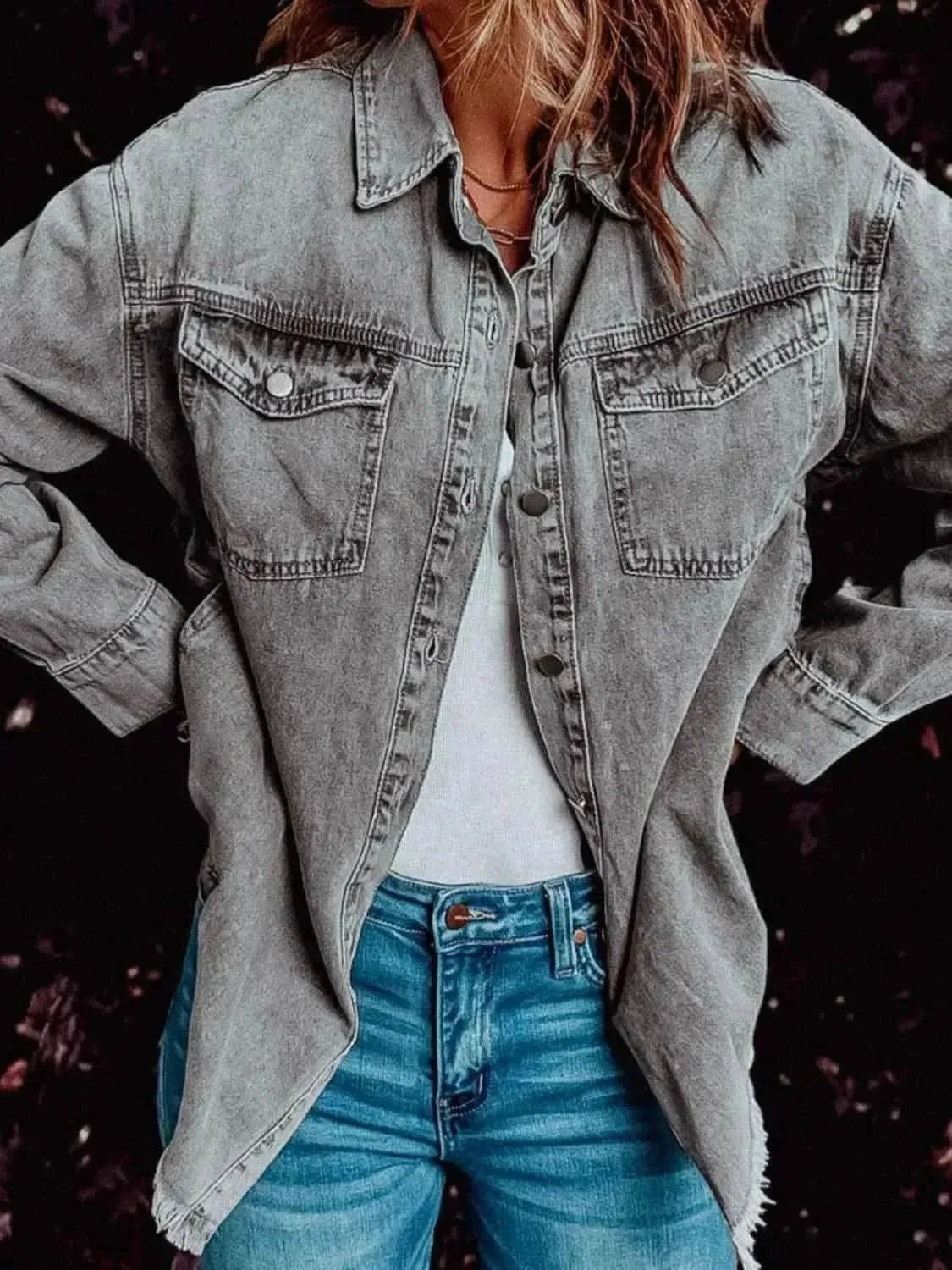 MeiMei Frayed Hem Collared Denim Jacket - Bad Moms Club
