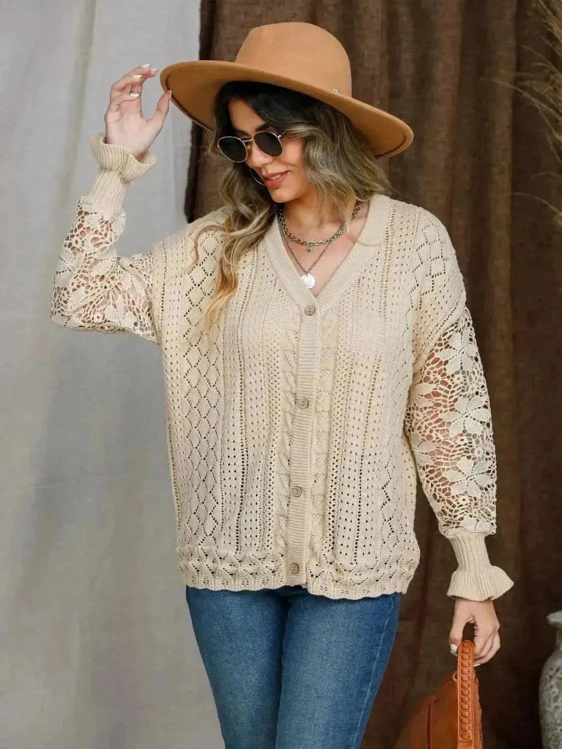 Eyelet Button Up Lantern Sleeve Cardigan - Bad Moms Club
