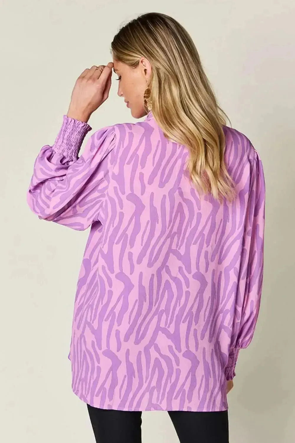 Double Take Full Size Printed Smocked Long Sleeve Blouse - Bad Moms Club
