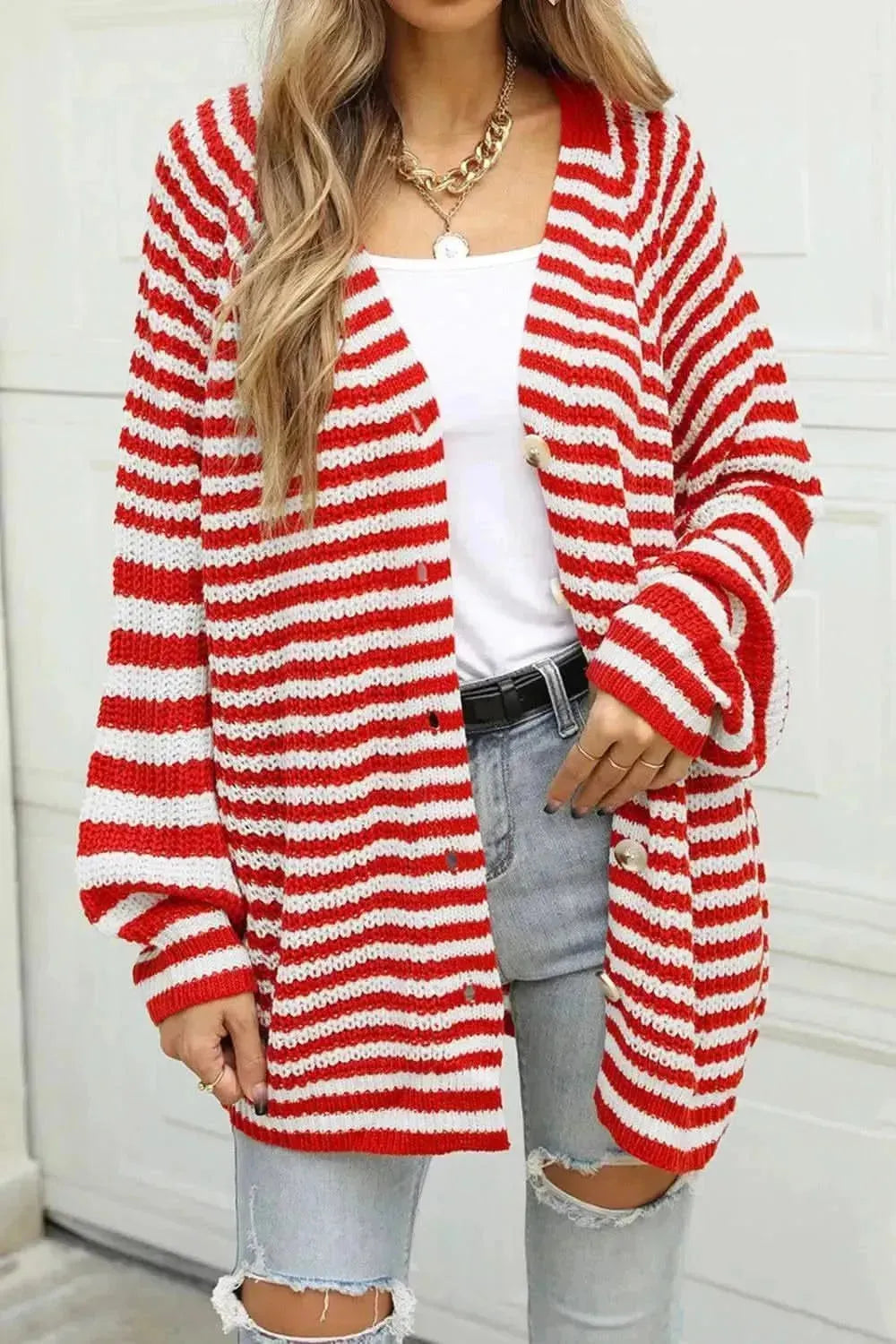 Striped Button Up Long Sleeve Cardigan - Bad Moms Club