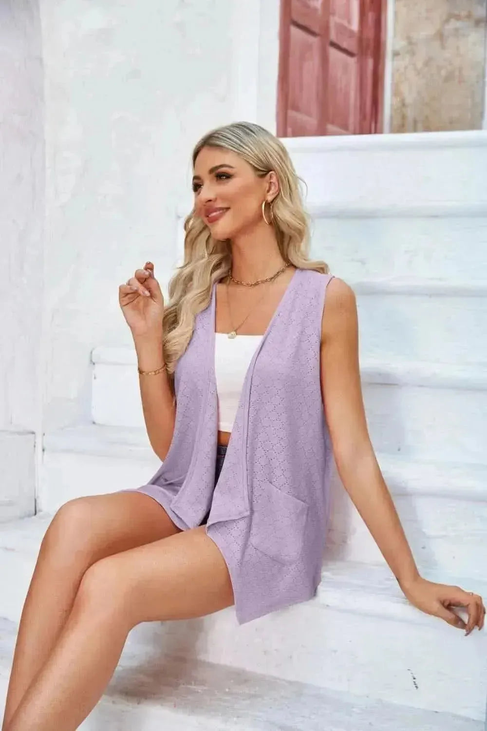 Eyelet Open Front Sleeveless Cardigan - Bad Moms Club