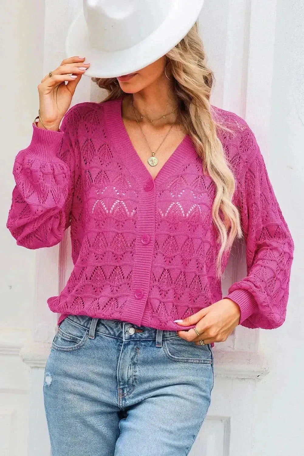 Openwork V-Neck Cardigan - Bad Moms Club