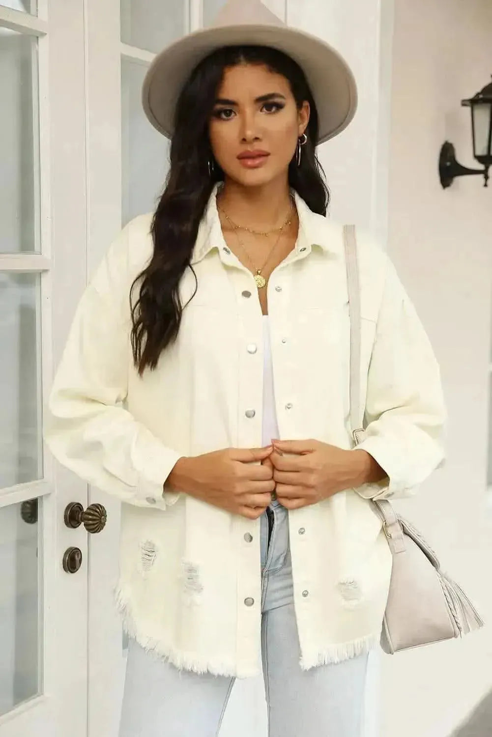 Distressed Snap Down Raw Hem Denim Jacket - Bad Moms Club