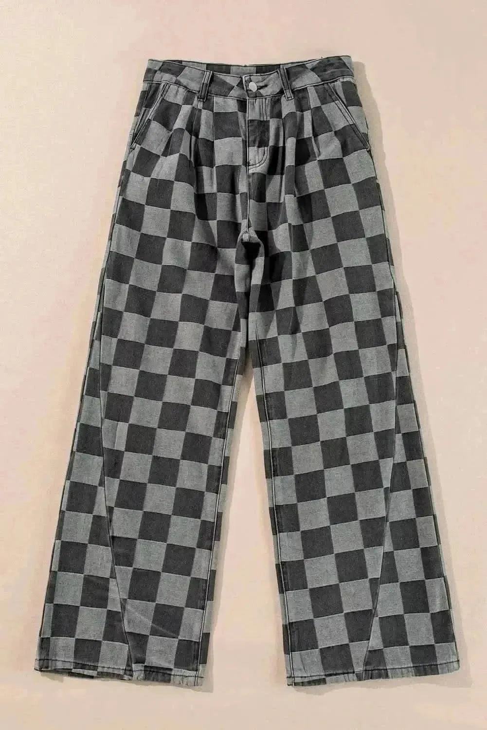 Checkered Wide Leg Jeans with Pockets - Bad Moms Club