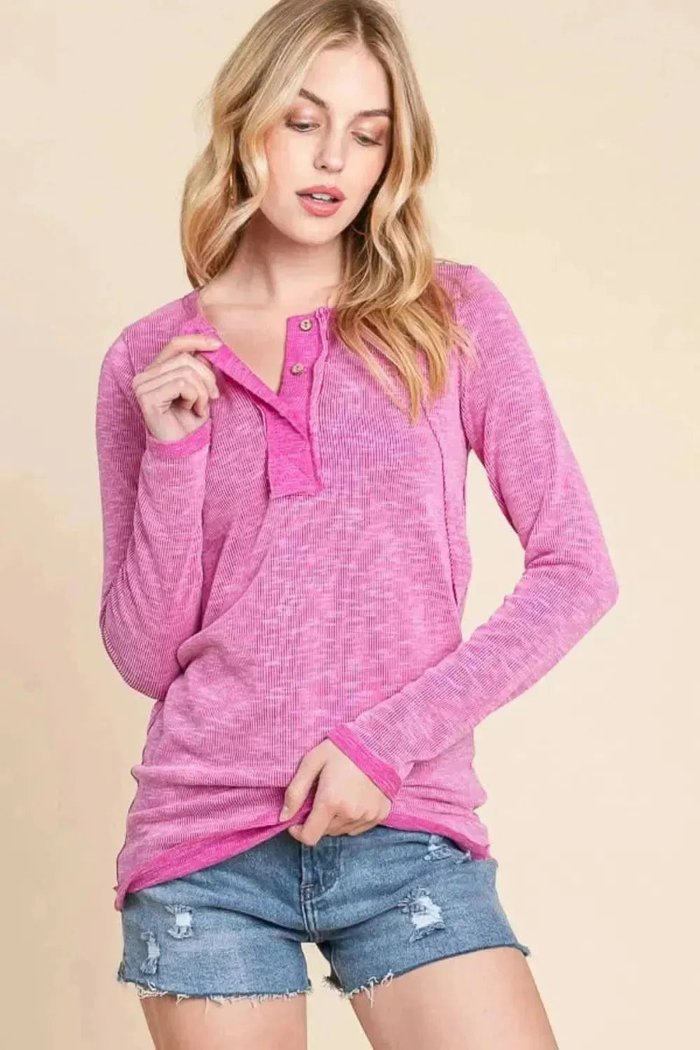 Reborn J Contrast Trim Half Button Long Sleeve T-Shirt - Bad Moms Club