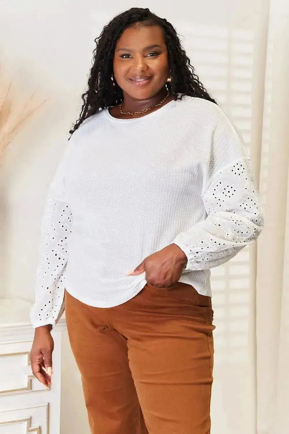 Shiny Eyelet Dropped Shoulder Round Neck Blouse - Bad Moms Club