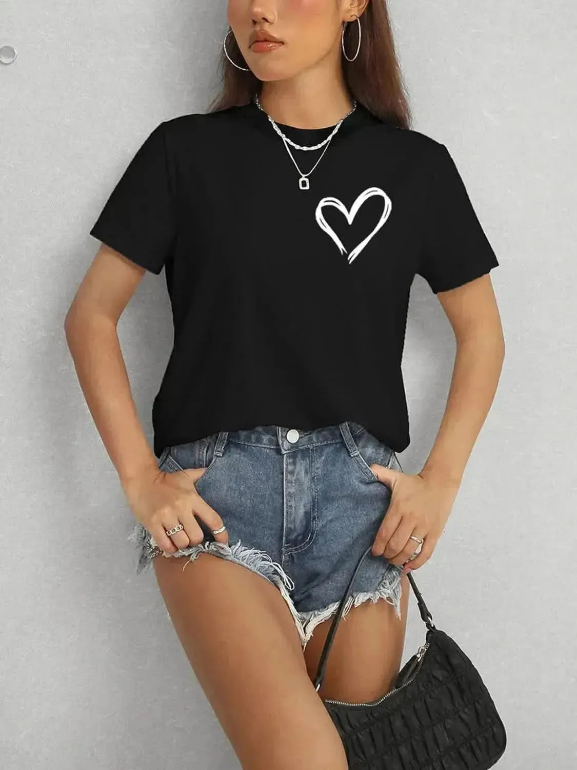 Heart Round Neck Short Sleeve T-Shirt - Bad Moms Club