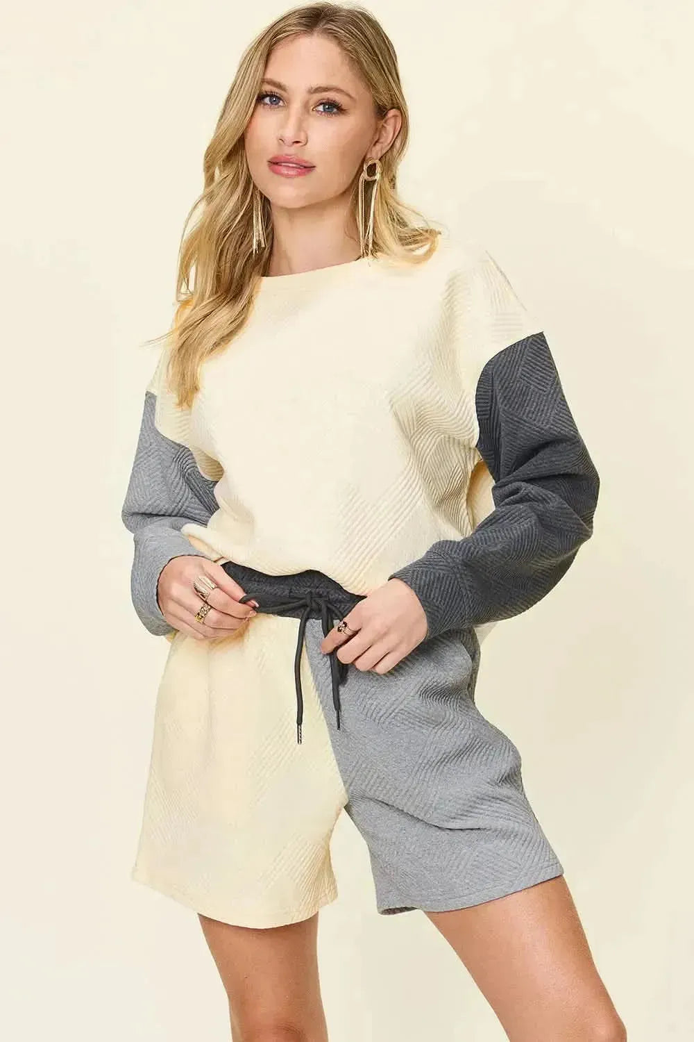Double Take Full Size Contrast Drop Shoulder Top and Shorts Set - Bad Moms Club