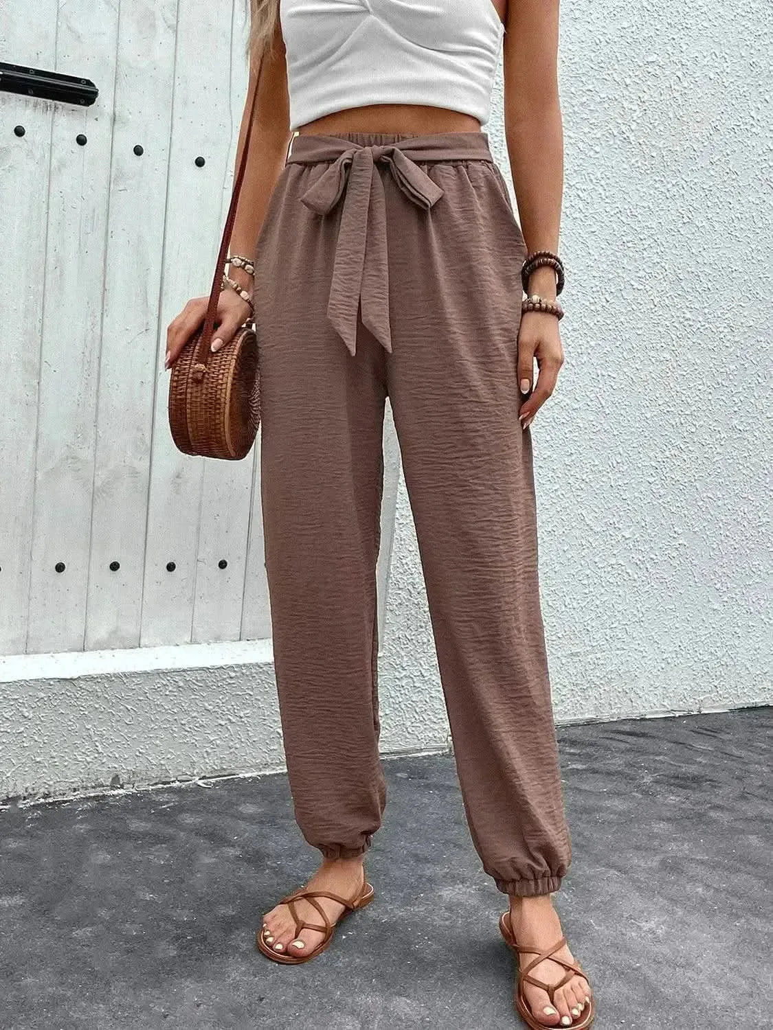 Perfee Tied High Waist Pants with Pockets - Bad Moms Club