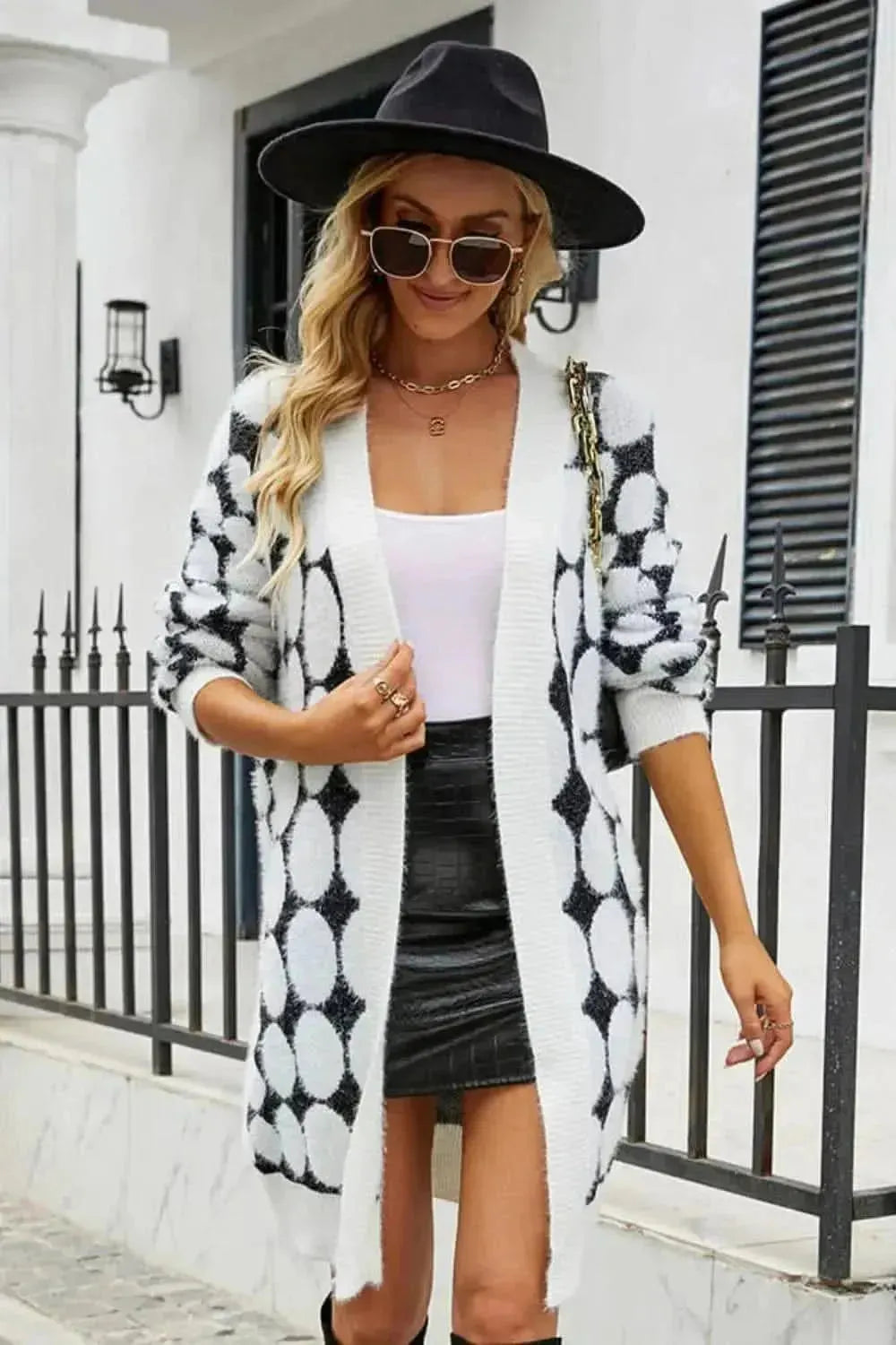 Geometric Open Front Fuzzy Cardigan - Bad Moms Club
