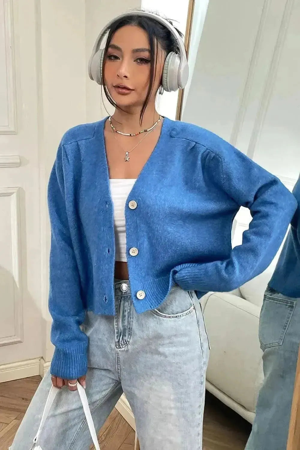 Button Up Long Sleeve Cropped Cardigan - Bad Moms Club