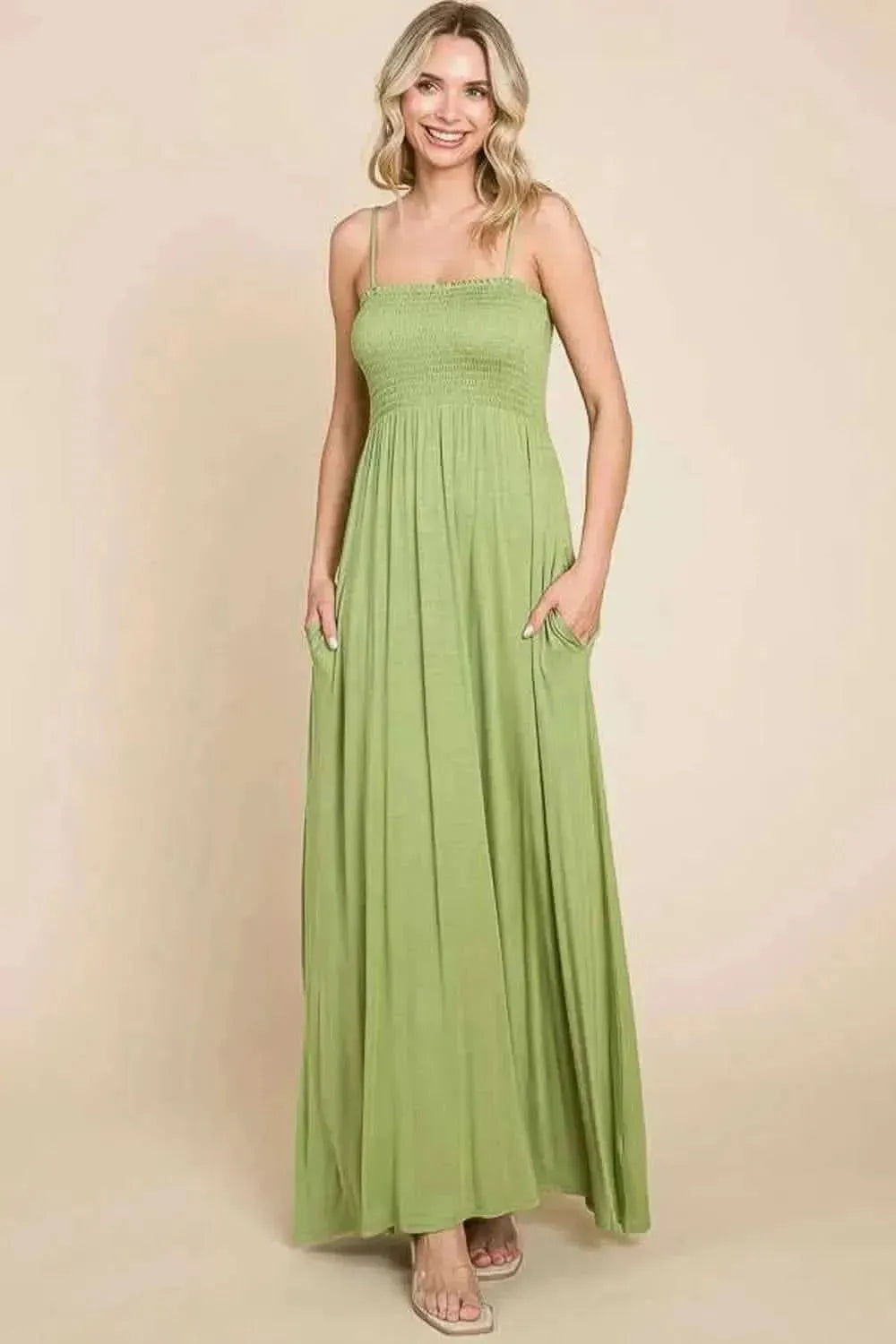 Culture Code Full Size Smocked Cami Maxi Dress with Pockets - Bad Moms Club