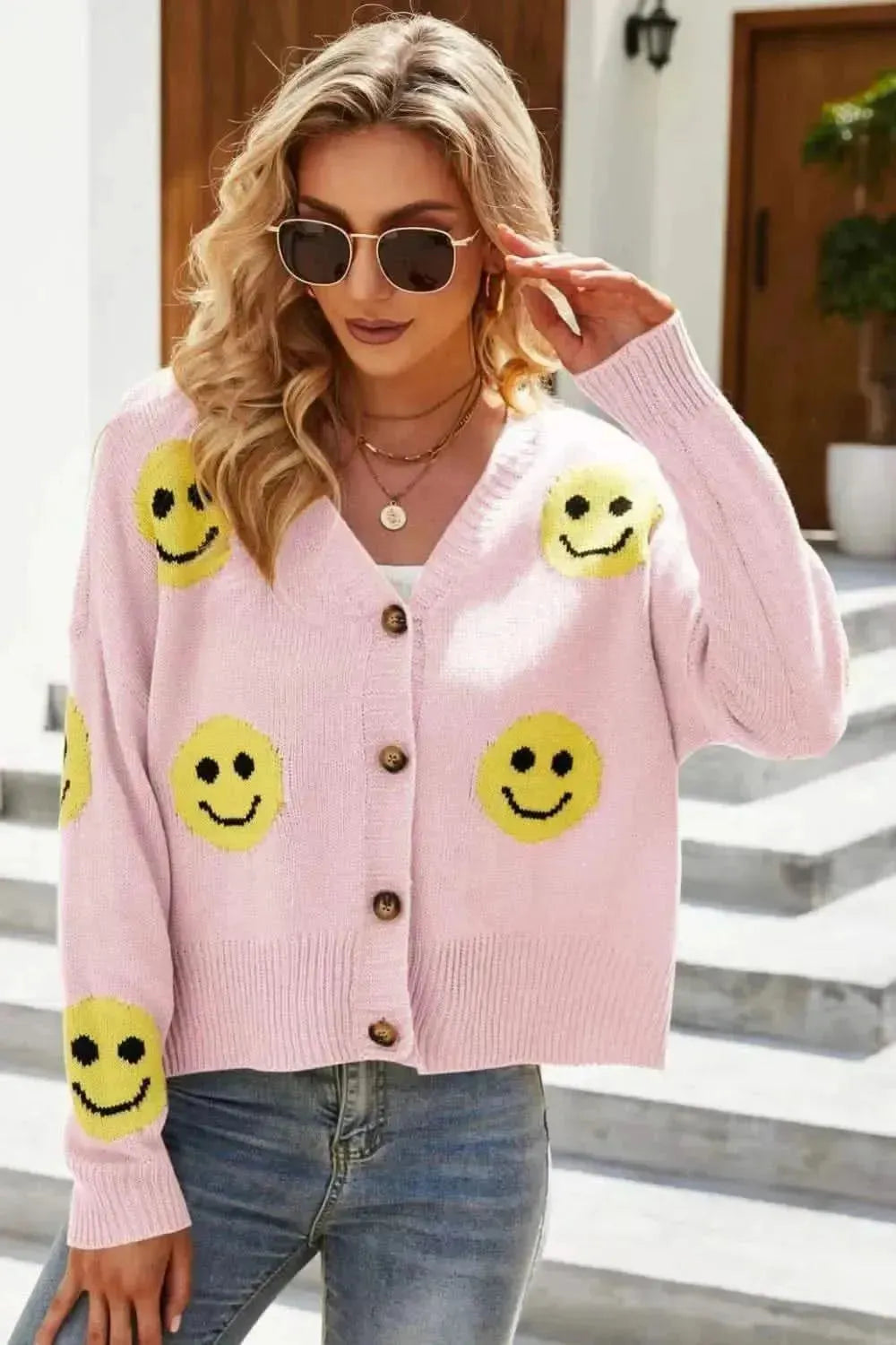 Smiley Face Ribbed Trim V-Neck Cardigan - Bad Moms Club