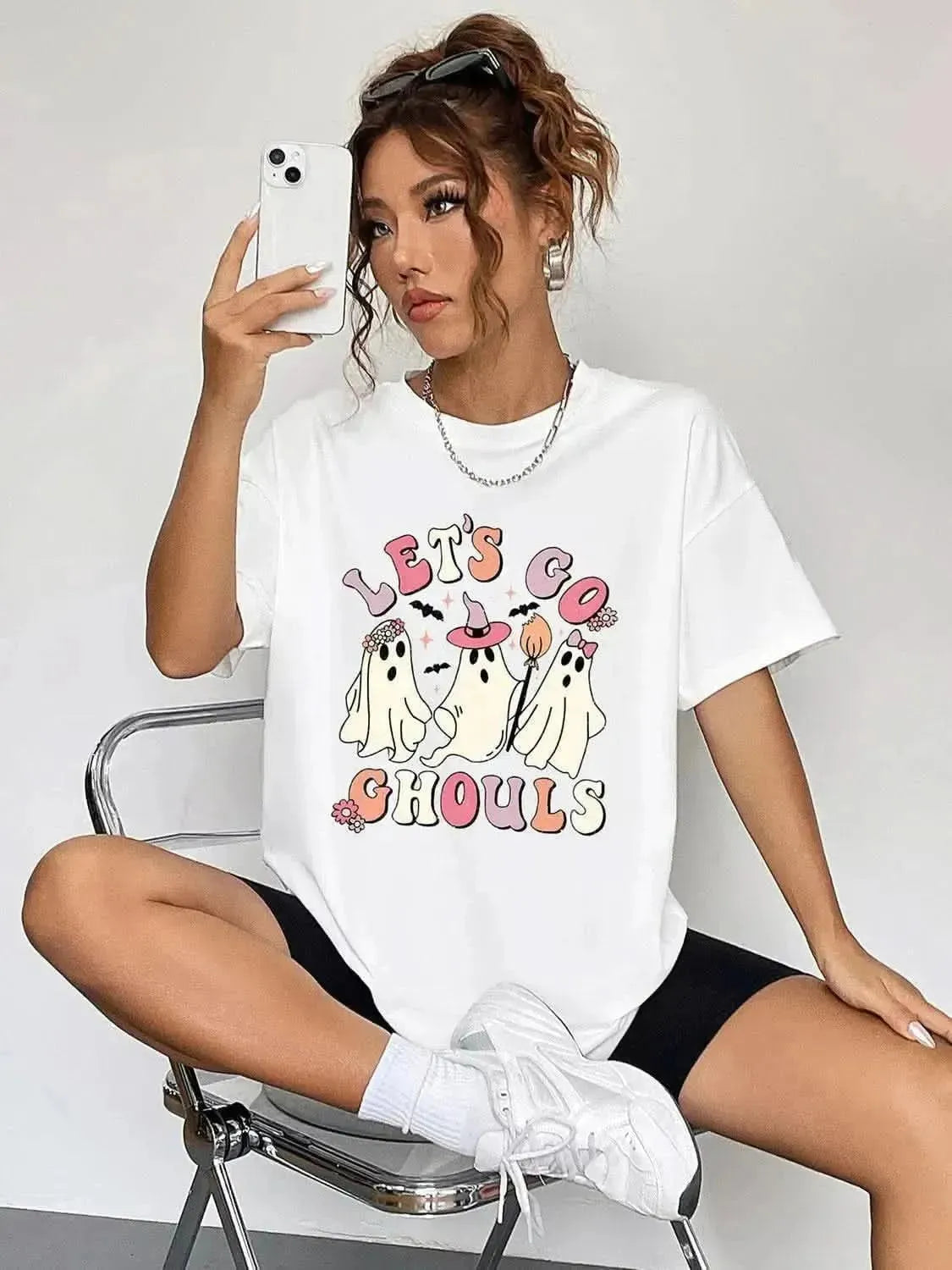 Round Neck Short Sleeve LET'S GO GHOULS Graphic T-Shirt - Bad Moms Club